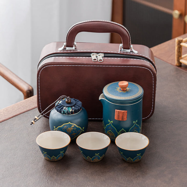 Buddha Stones Flower Chinese Gongfu Ceramic Teapot Portable Outdoor Travel Tea Set Bag