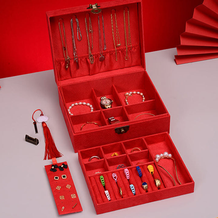 Buddha Stones Simple Design Jewelry Box Organizer Two-Layer Jewelry Storage Box Flannel Box With Lock - image 20