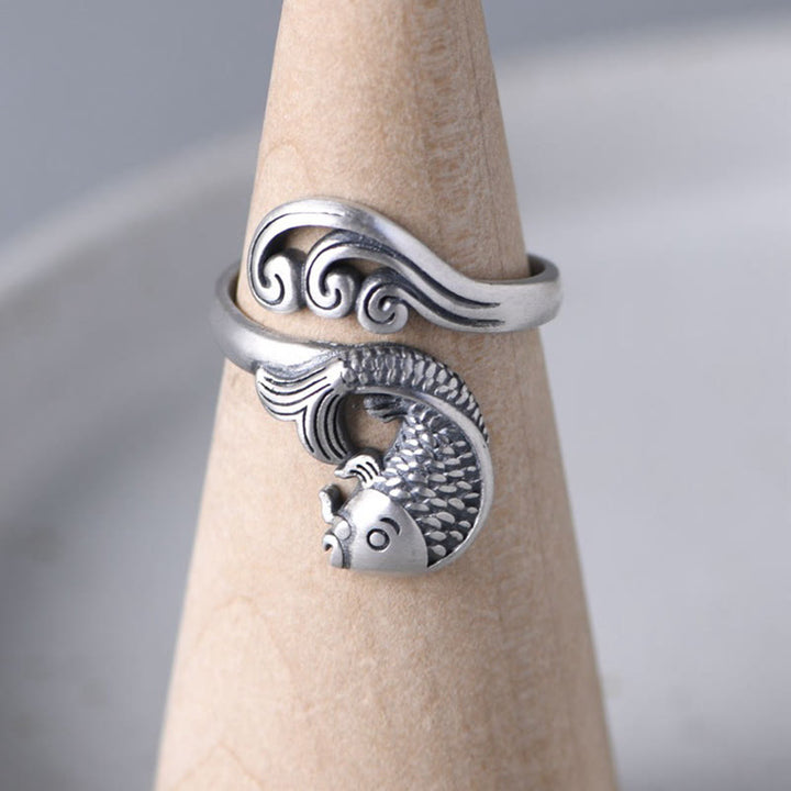 Buddha Stones 925 Sterling Silver Koi Fish Water Ripple Luck Wealth Ring - image 10