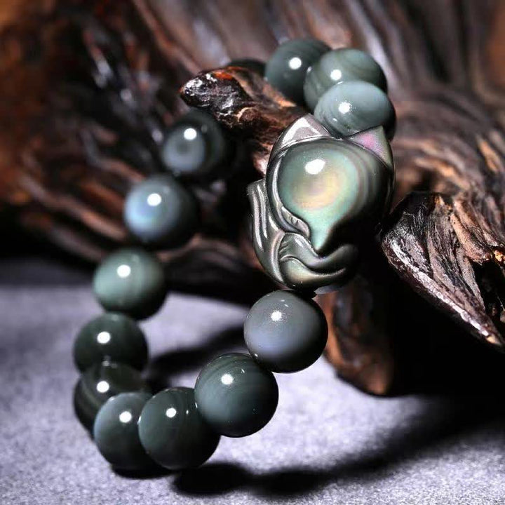 Buddha Stones Rainbow Obsidian Fox Healing Positive Bracelet - image 1