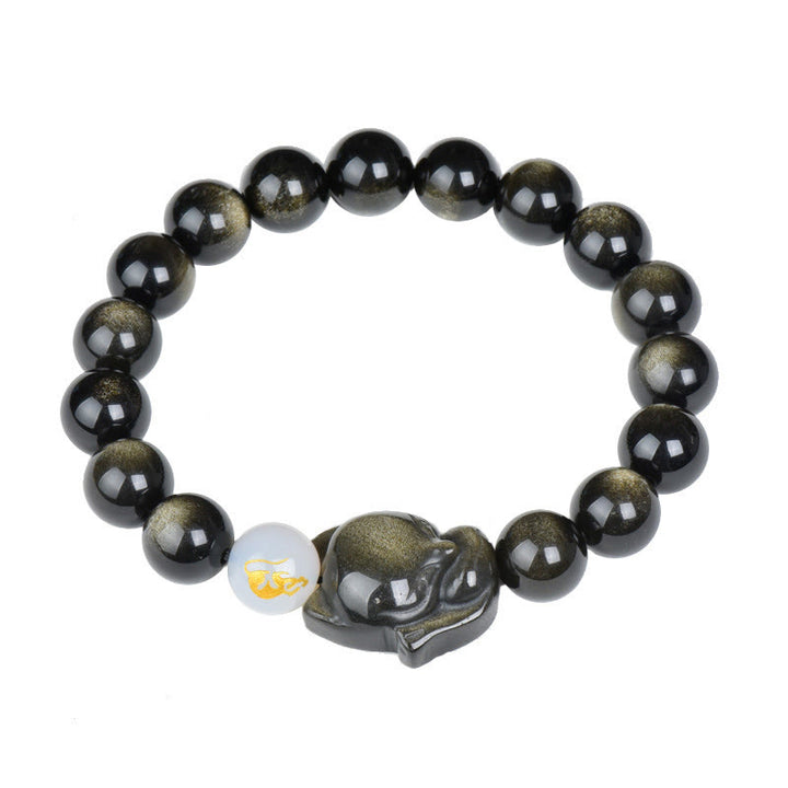 Buddha Stones Natural Rainbow Obsidian Gold Sheen Obsidian Silver Sheen Obsidian Fox Healing Bracelet