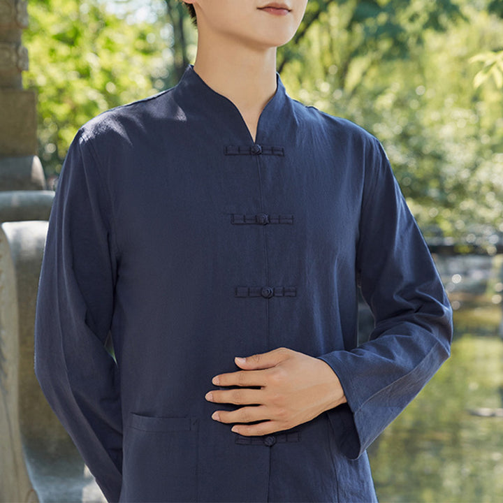 Spiritual Zen Practice Yoga Meditation Prayer Clothing Cotton Linen Men's Set - Navy Blue - US/UK/AU48，EU58 (6XL) - image 1