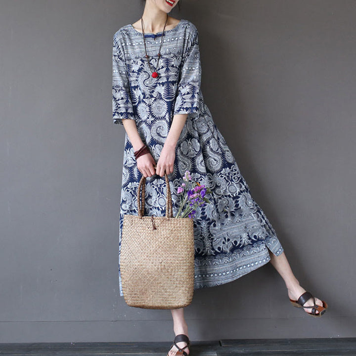 Buddha Stones Blue White Flower Printed Button Midi Dress Three Quarter Sleeve Cotton Linen Dress With Pockets