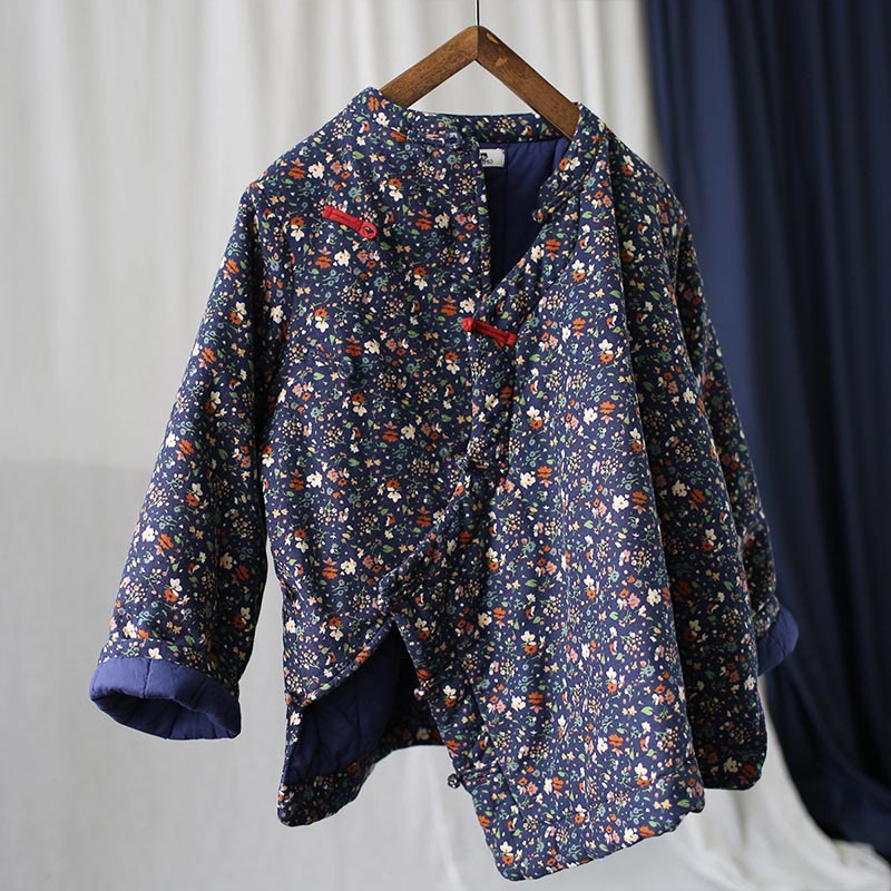 Buddha Stones Flowers Cotton Linen Jacket Shirt Chinese Northeast Style Winter Clothing