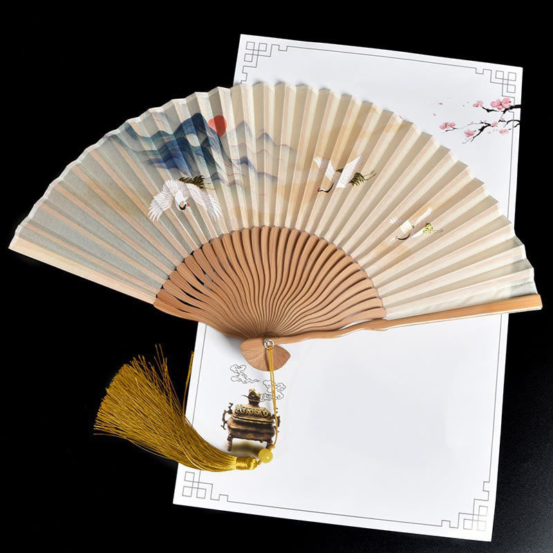 Buddha Stones Vintage Cloud Crane Pattern Handheld Bamboo Folding Fan - Cloud Crane Brown - image 10