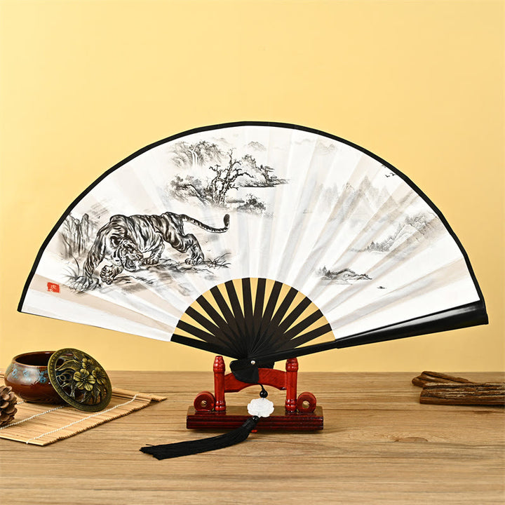 Buddha Stones Vintage Phoenix Nine Tailed Fox Flower Bamboo Tiger Handheld Folding Fan Lotus Tassel Fan