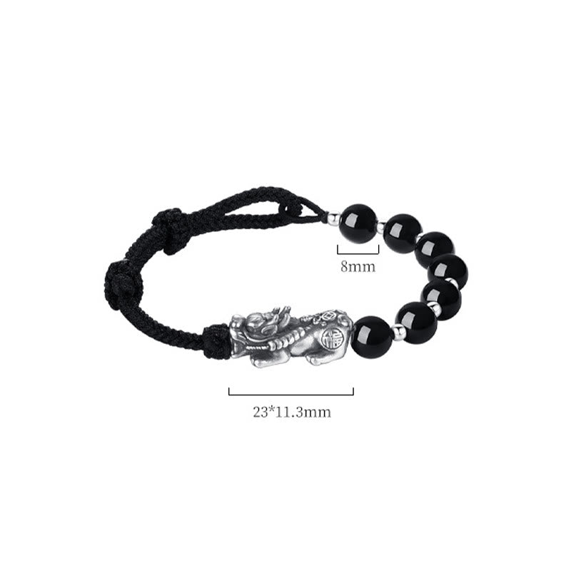 Buddha Stones 999 Sterling Silver FengShui PiXiu Natural Black Obsidian 925 Sterling Silver Bead Strength Bracelet - image 10
