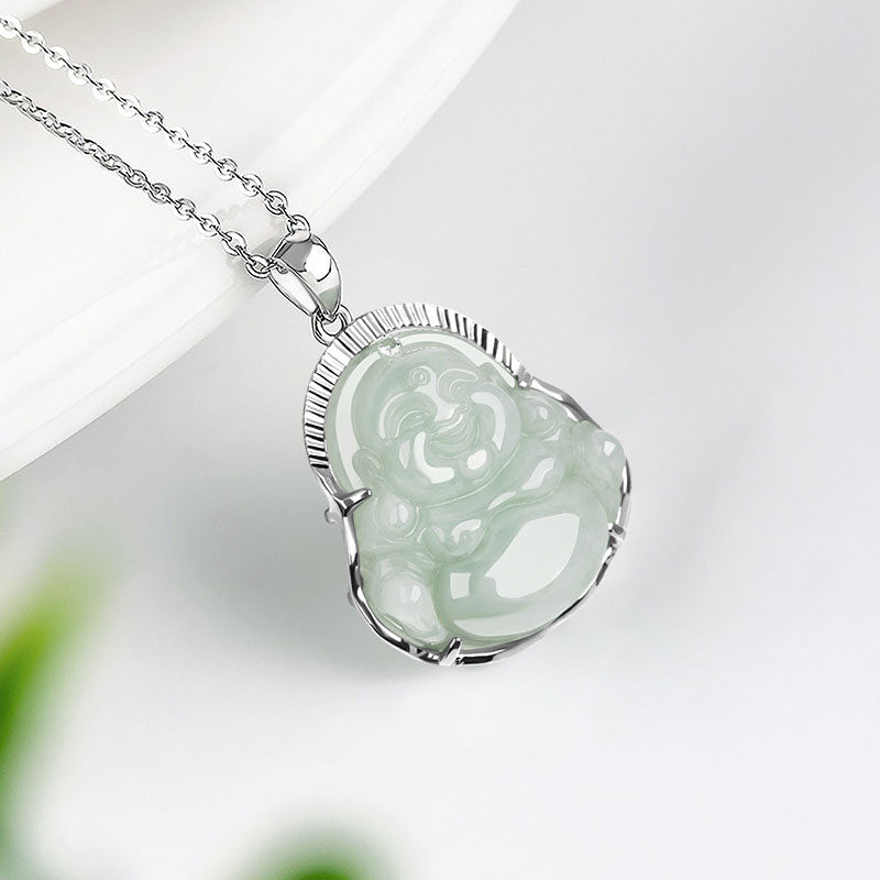 Buddha Stones 925 Sterling Silver Laughing Buddha Jade Luck Calm Necklace Chain Pendant - image 4