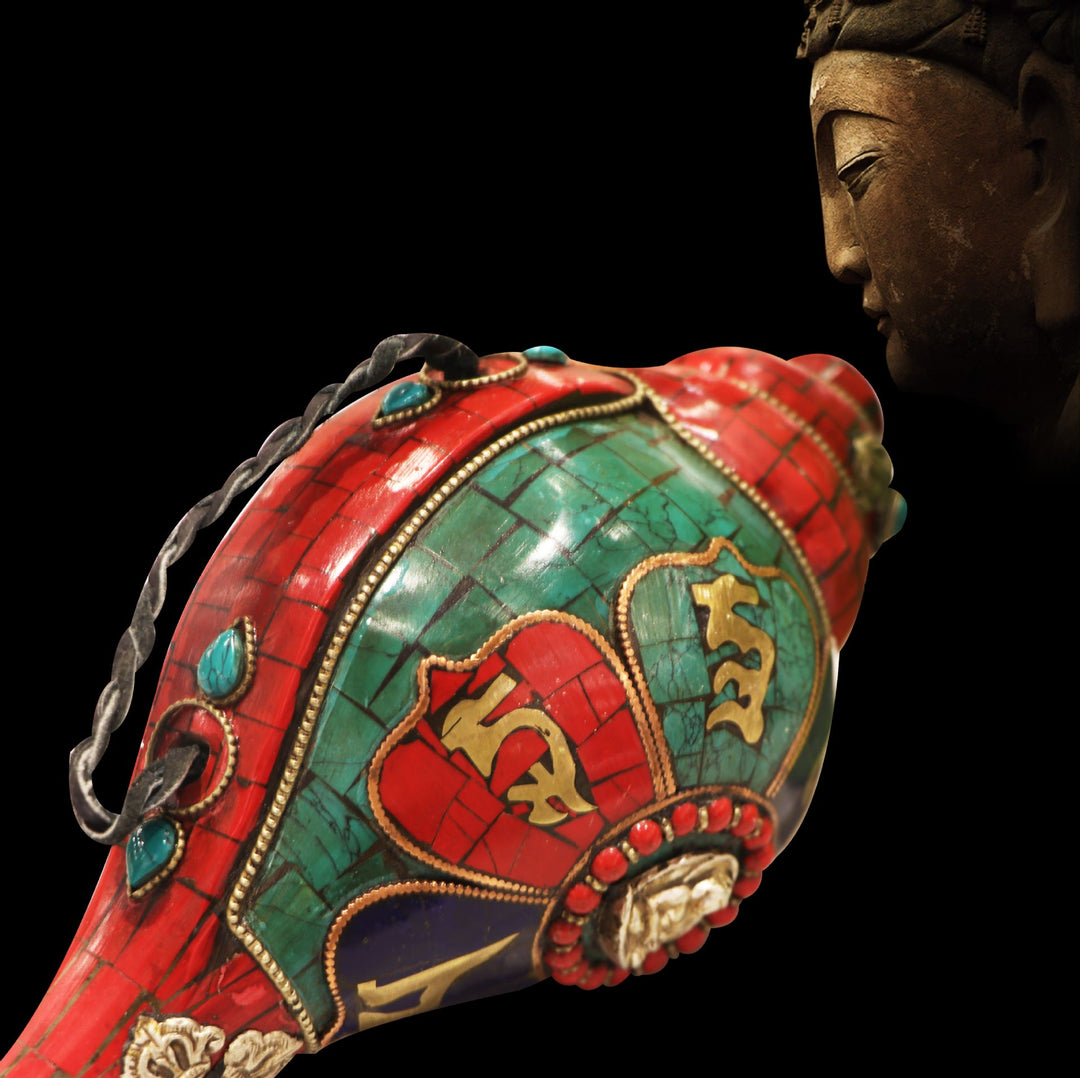 Tibetan Handmade Shankha Om Mani Padme Hum Buddha Conch Shell Lucky Decoration - image 3