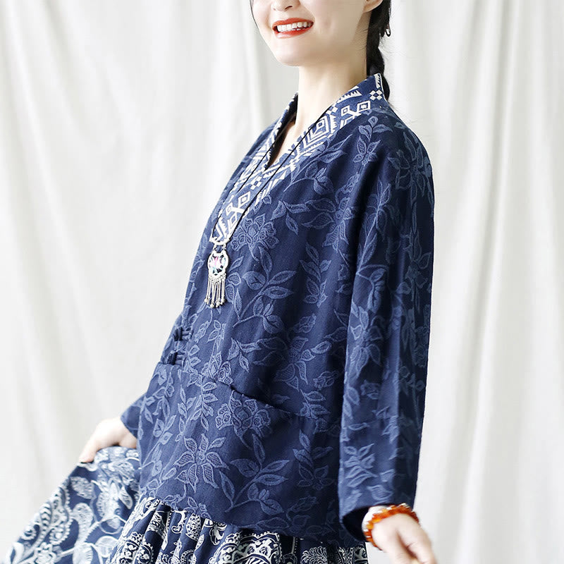 Buddha Stones Flower Jacquard V-Neck Long Sleeve Jacket