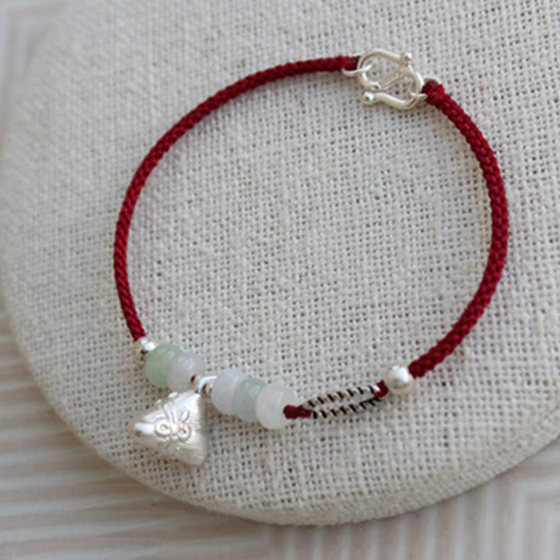 Buddha Stones 925 Sterling Silver Jade Red String Zongzi Charm Abundance Bracelet