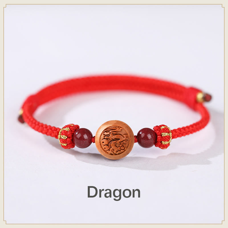 Buddha Stones Natural Peach Wood Chinese Zodiac Fu Character Carved Cinnabar Wealth Bracelet - Dragon-Red(Wrist Circumference 14-18cm) - image 4