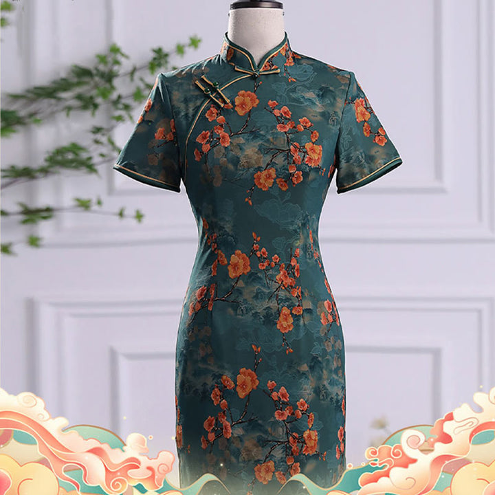 Buddha Stones Retro Flower Lotus Peony Feather Print Qipao Dress Women's Cheongsam Dress - image 6