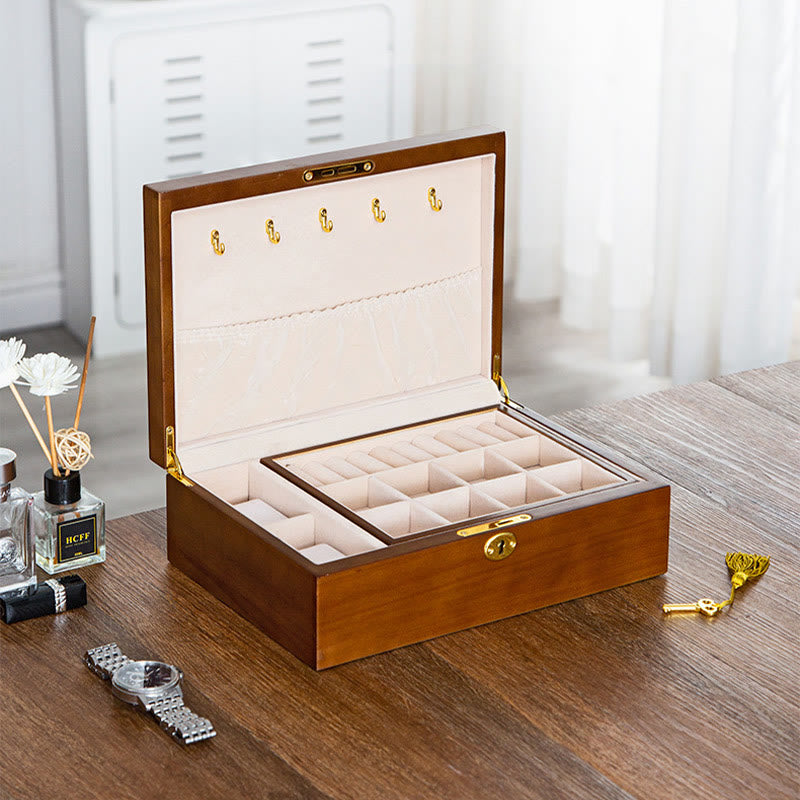Buddha Stones Vintage Wooden Jewelry Box Two-Layer Solid Wood Jewelry Storage Box