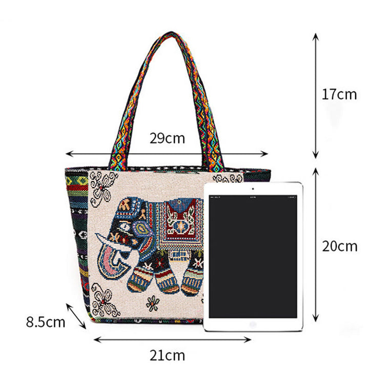 Elephant Butterfly Embroidered Large Capacity Canvas Tote Bag Shoulder Bag