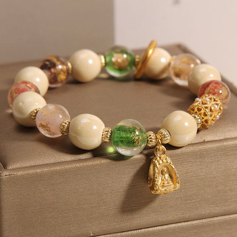 Buddha Stones Tibetan Multicolored Liuli Glass Bead Buddha Lotus Charm Enlightenment Bracelet