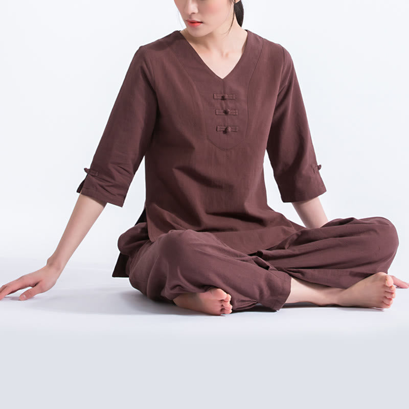 Buddha Stones Yoga Meditation Prayer V-neck Design Cotton Linen Clothing Uniform Zen Practice Women's Set