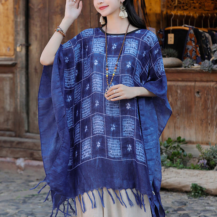 Buddha Stones Blue Color Block Plaid Shawl Tassels Soft Pullover 90*95cm