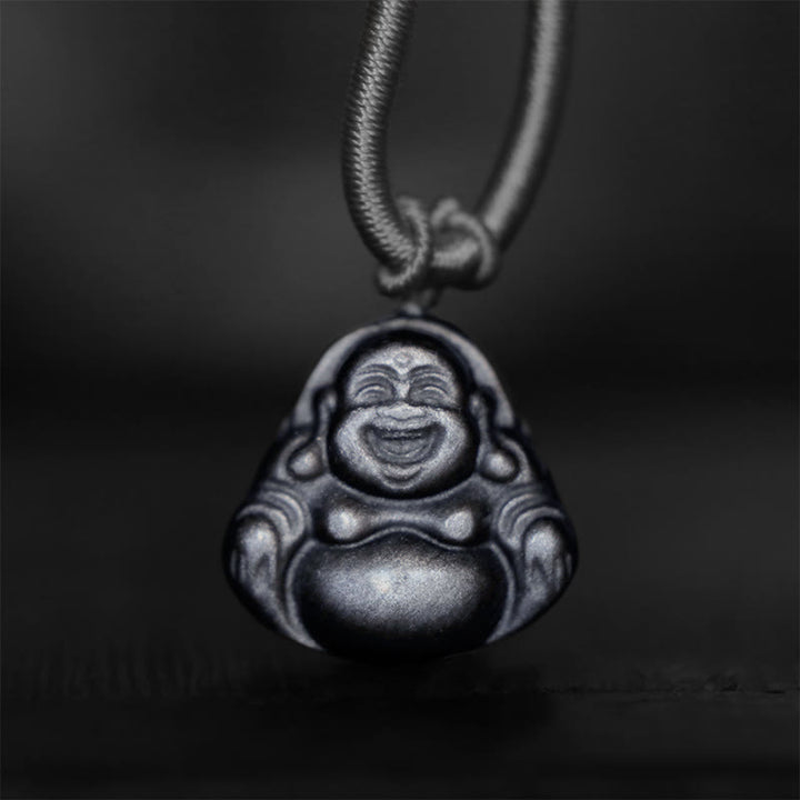 Buddha Stones Natural Silver Sheen Obsidian Laughing Buddha Protection Necklace Pendant - image 1
