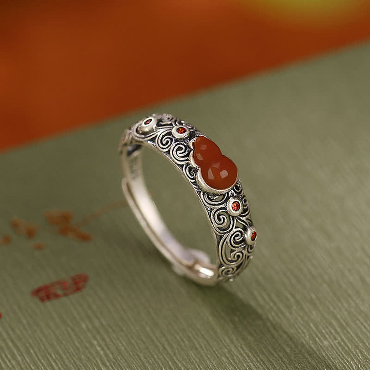 925 Sterling Silver Red Agate Cyan Jade Gourd Blessing Auspicious Ring - Red Agate(Confidence♥Calm) - image 0