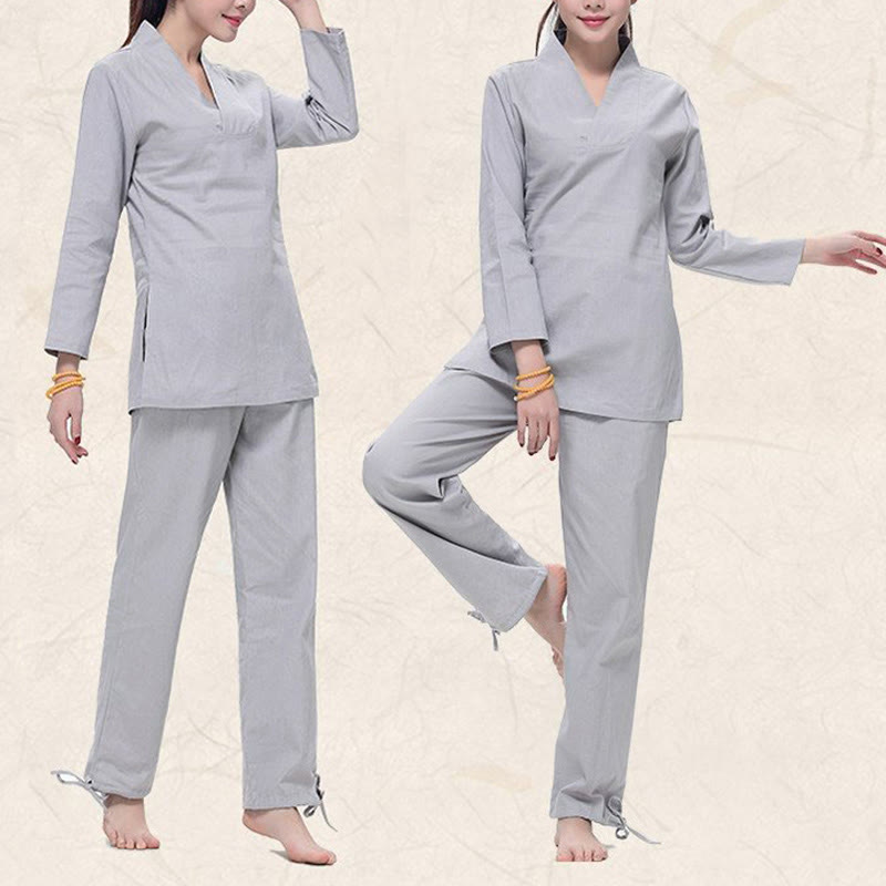 Buddha Stones Zen Practice Yoga Meditation Prayer V-neck Design Uniform Cotton Linen Clothing Women's Set - image 6