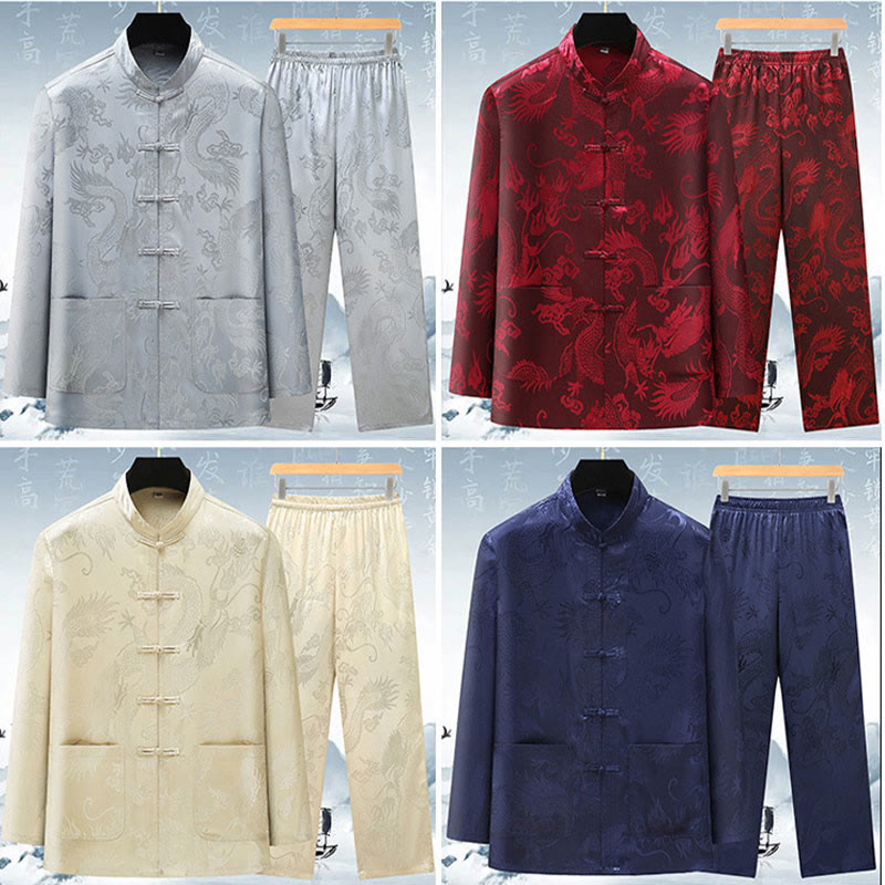 Buddha Stones Tang Suit Men Hanfu Chinese Dragon Traditional Clothes Kung Fu Shirt Uniform Long Sleeved Coat Tops and Pants Clothing Men's Set