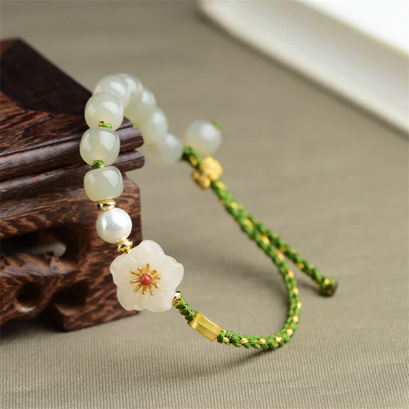 925 Sterling Silver Natural Hetian Jade Peach Blossom Luck Bracelet - image 1