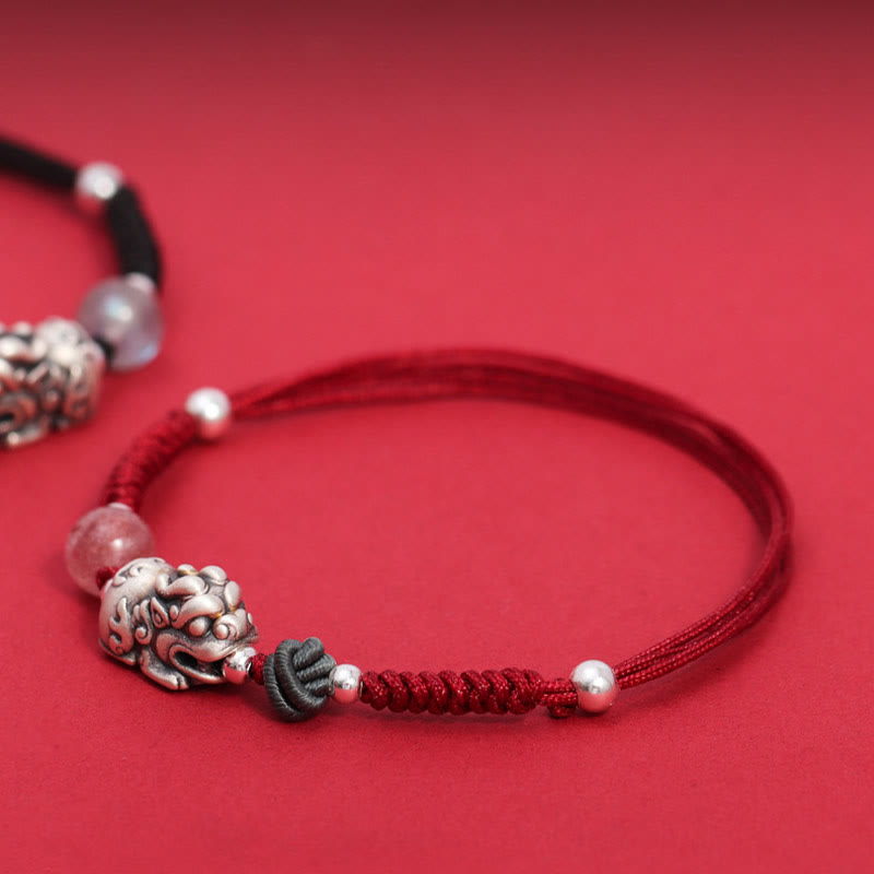 Buddha Stones 999 Sterling Silver PiXiu Strawberry Quartz Bead Wealth Luck Braided Bracelet - image 4
