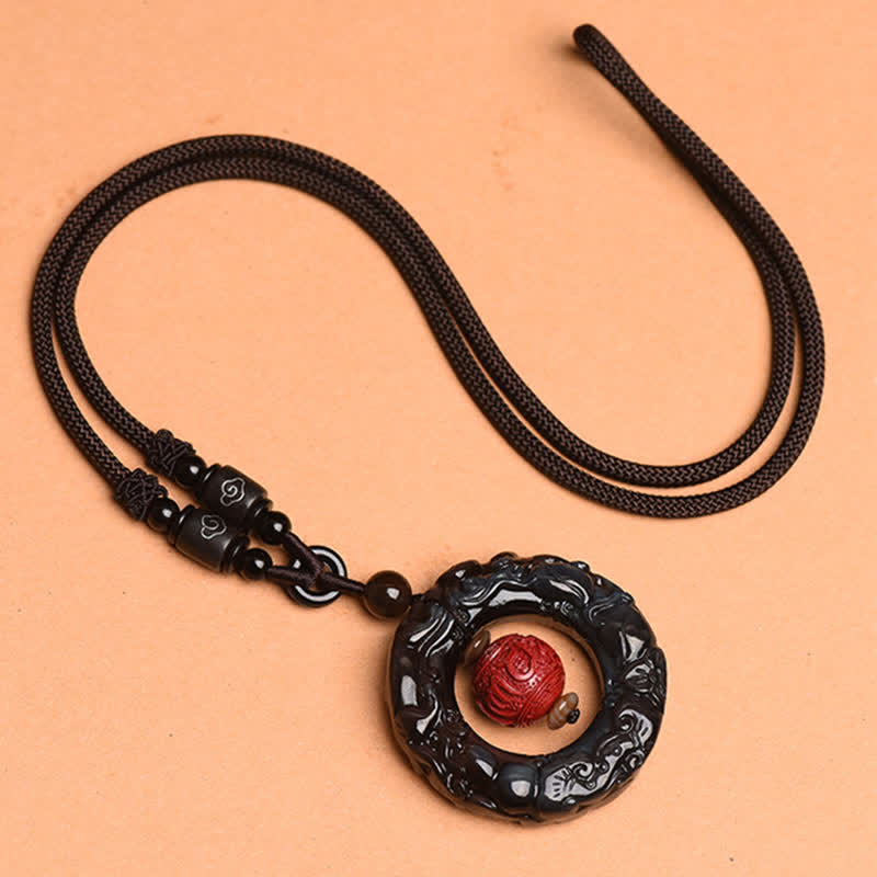 FengShui Natural Rainbow Obsidian PiXiu Cinnabar Healing Necklace Pendant