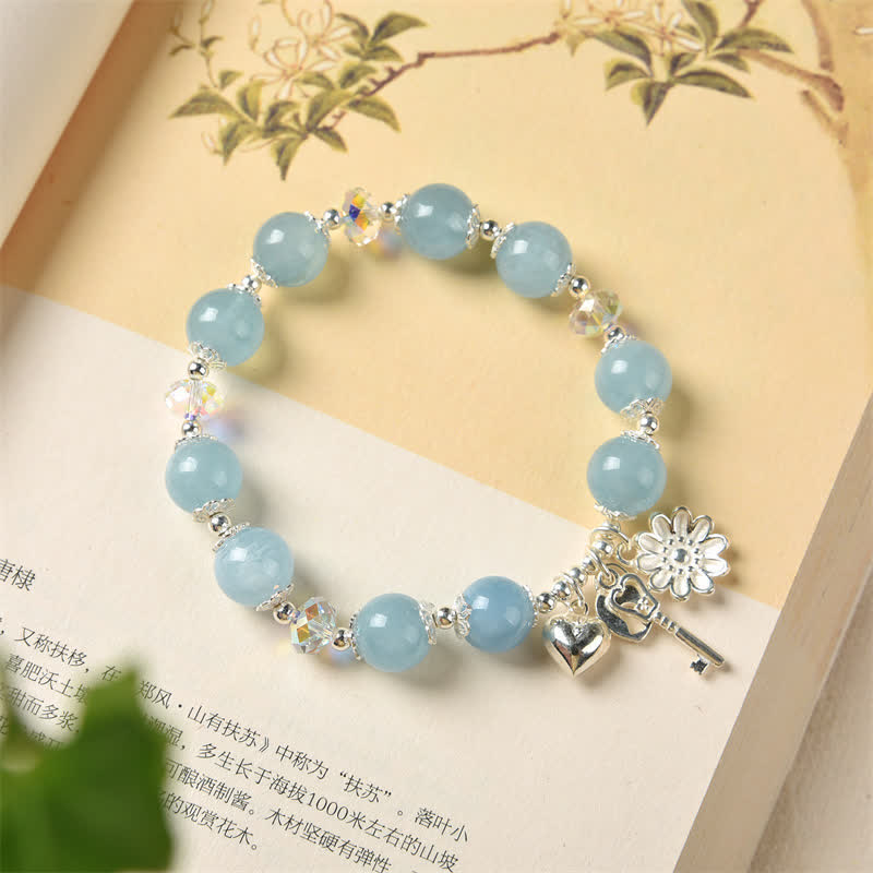925 Sterling Silver Natural Aquamarine Serenity Flower Love Key Charm Bracelet - image 1