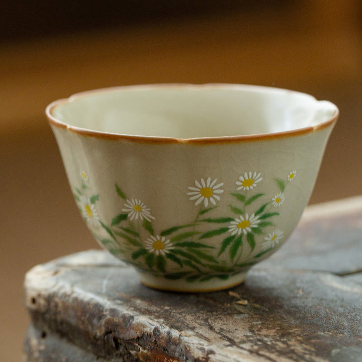 Buddha Stones Peach Blossom Daisy Flower Ceramic Teacup Kung Fu Tea Cups - Daisy Flower 6.6cm*3.7cm*50ml - image 4