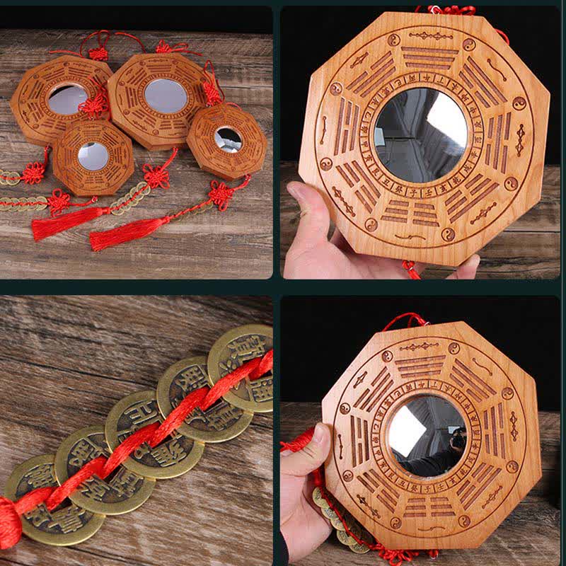 Feng Shui Bagua Map Peach Wood Five-Emperor Coins Chinese Knotting Balance Energy Map Mirror - image 8