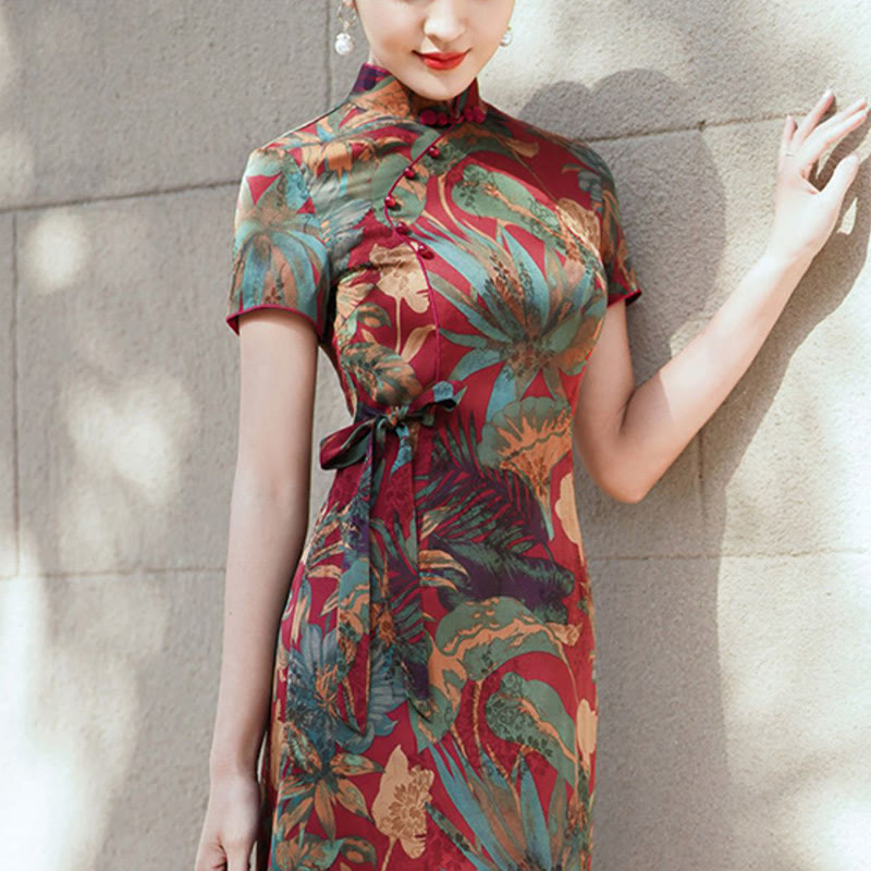 Buddha Stones Silk Qipao Dress Retro Flower Leaf Pattern Women's Cheongsam Dress