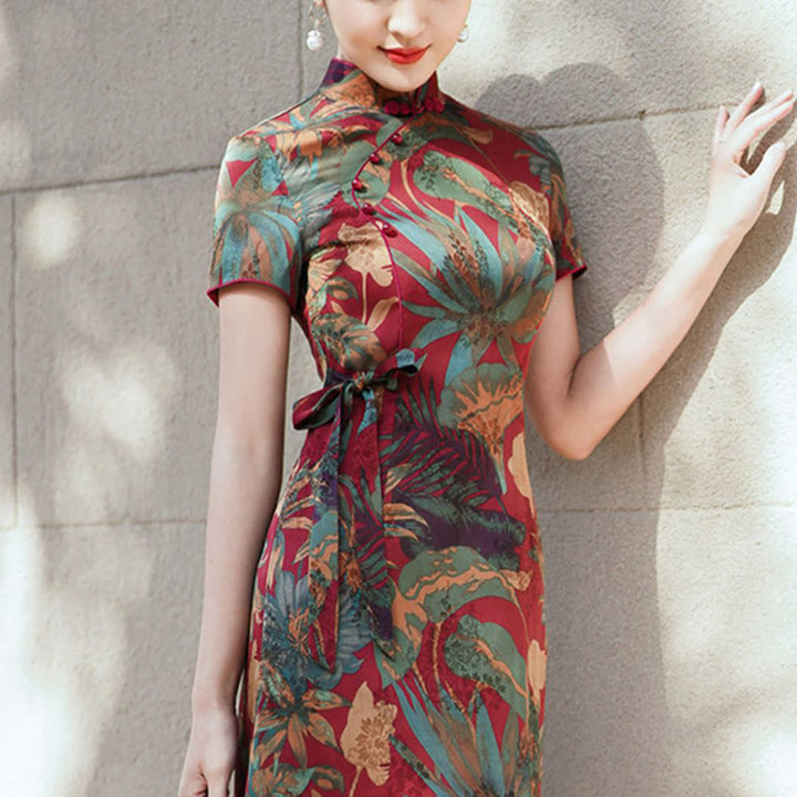 Buddha Stones Silk Qipao Dress Retro Flower Leaf Pattern Women's Cheongsam Dress - image 8