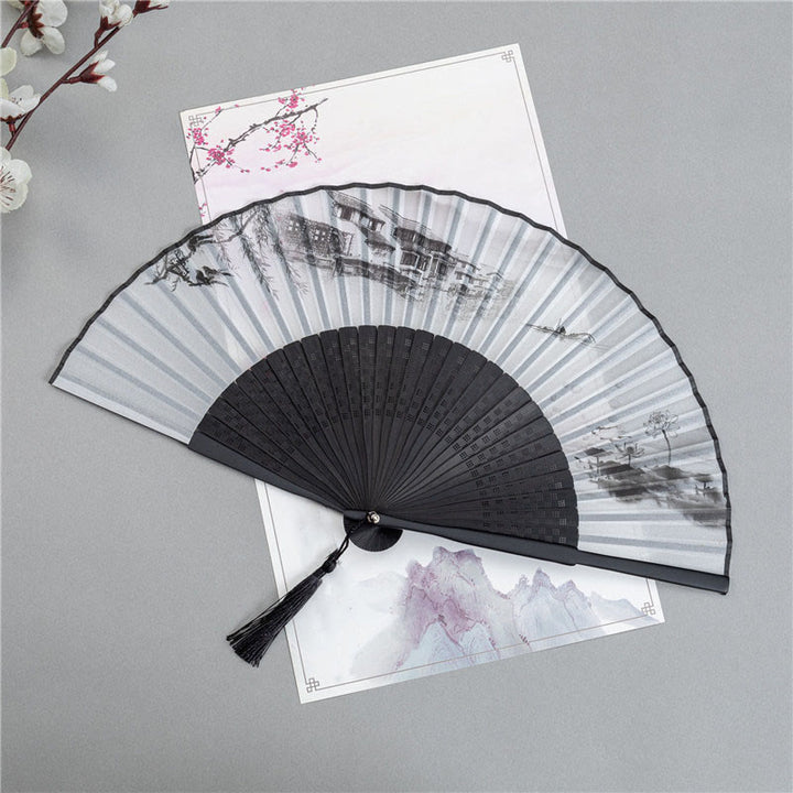 Buddha Stones Mountains Plum Blossom Lotus Magpie Bamboo Leaves Handheld Silk Bamboo Folding Fan 22.5cm