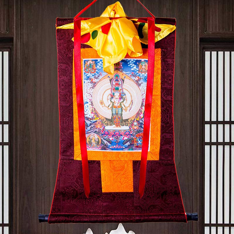 Buddha Stones Tibetan Thousand-handed Avalokitesvara Framed Thangka Blessing Decoration