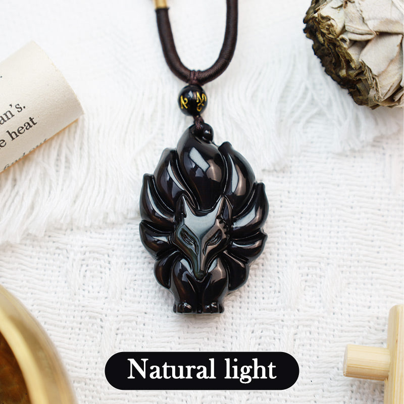 Buddha Stones Natural Rainbow Obsidian Gold Sheen Obsidian Nine Tailed Fox Positive Necklace Pendant