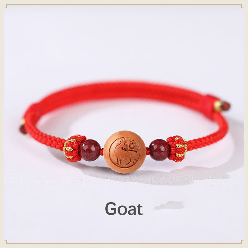Buddha Stones Natural Peach Wood Chinese Zodiac Fu Character Carved Cinnabar Wealth Bracelet - Goat-Red(Wrist Circumference 14-18cm) - image 6
