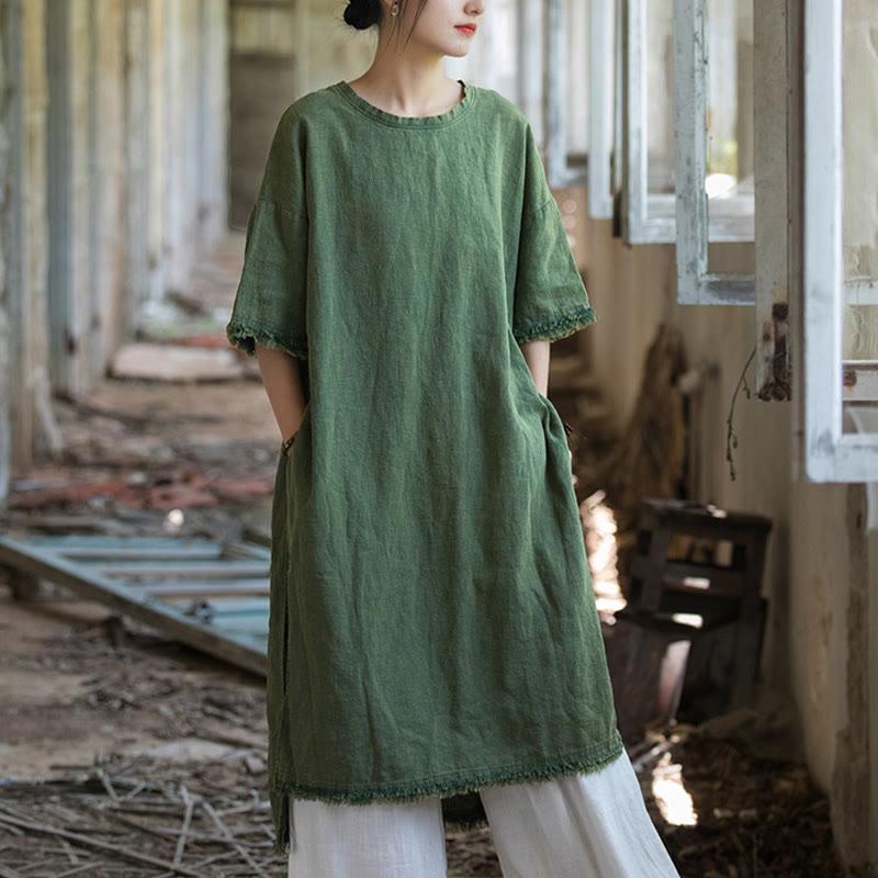 Buddha Stones Mid Length Dress Ramie Linen Half Sleeve Split Hem Top T-Shirt