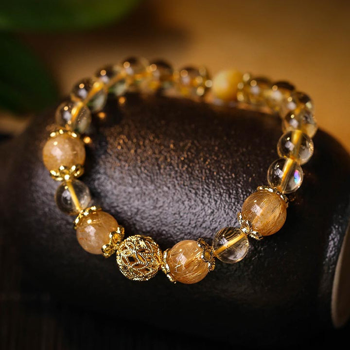 Buddha Stones Natural Citrine Amethyst Rutilated Quartz Prosperity Protection Bracelet