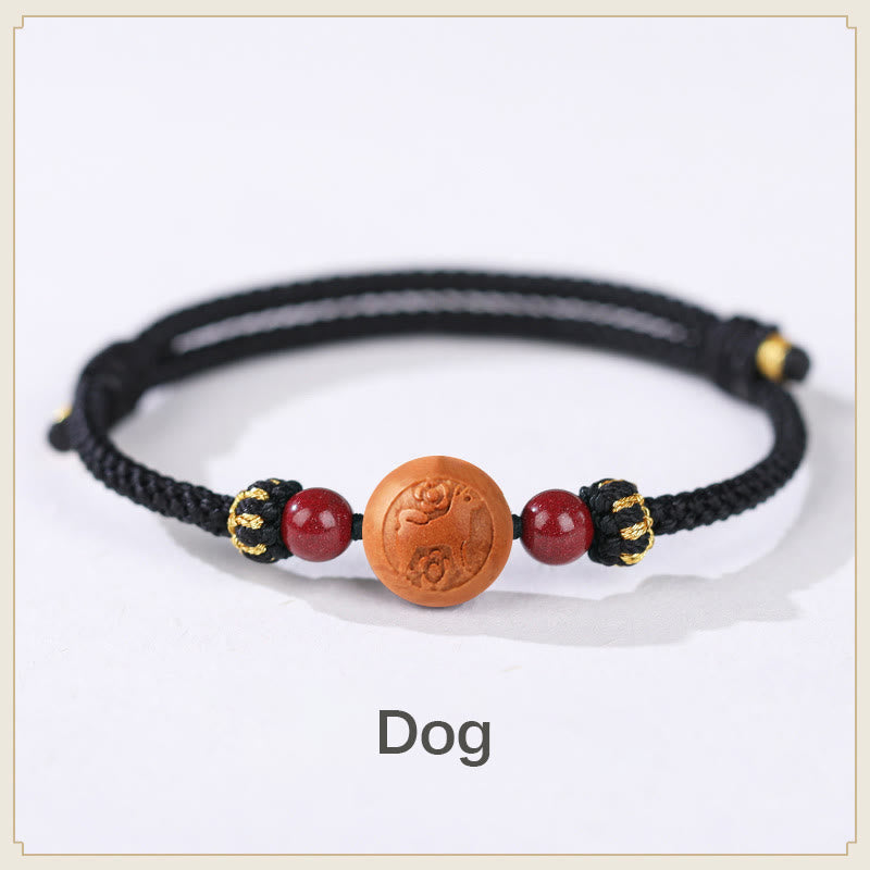 Buddha Stones Natural Peach Wood Chinese Zodiac Fu Character Carved Cinnabar Wealth Bracelet - Dog-Black(Wrist Circumference 14-18cm) - image 24