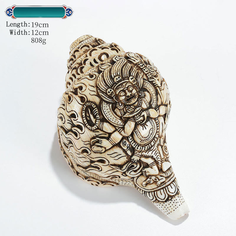 Tibetan Handmade Engraved Shankha Buddha Avalokitesvara Conch Shell Wealth Decoration - Shadbhuja Mahakala 19*12cm - image 28