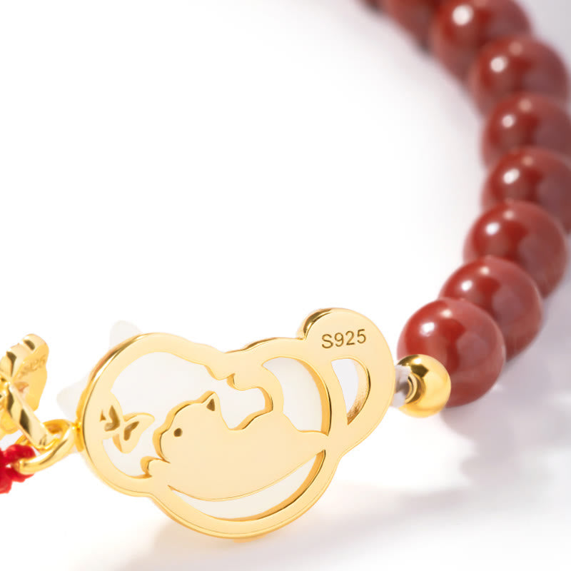 Buddha Stones 925 Sterling Silver Plated 18K Gold Hetian Jade Ruyi Cat Cinnabar Luck Bracelet Necklace Pendant Set