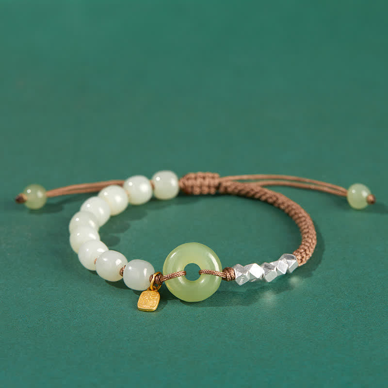 925 Sterling Silver Hetian Jade Peace Buckle Beaded Luck Happiness Charm Bracelet - Khaki - image 17