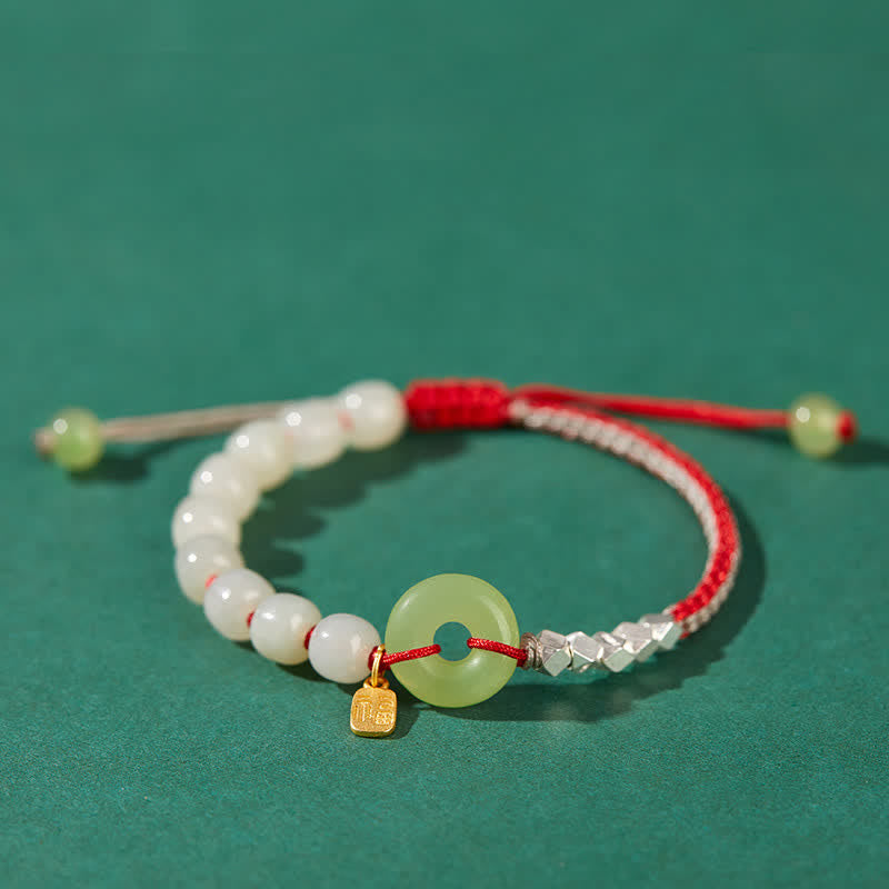925 Sterling Silver Hetian Jade Peace Buckle Beaded Luck Happiness Charm Bracelet - Red - image 0