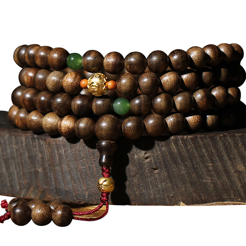 Buddha Stones 999 Gold 108 Mala Beads Kalimantan Agarwood Cyan Jade Six True Words Strength Bracelet