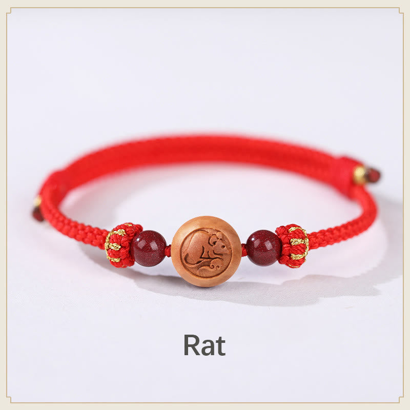 Buddha Stones Natural Peach Wood Chinese Zodiac Fu Character Carved Cinnabar Wealth Bracelet - Rat-Red(Wrist Circumference 14-18cm) - image 1