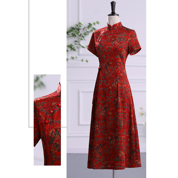 Buddha Stones Vintage Auspicious Clouds Leaf Print Cheongsam Dress Women's Qipao Dress