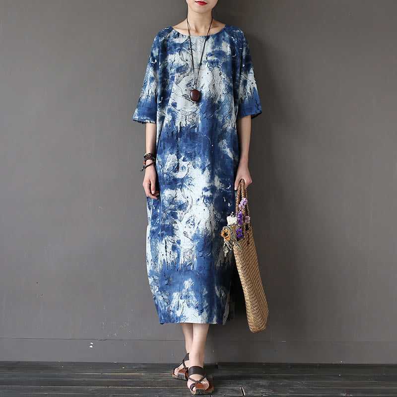 Buddha Stones Ink Tie Dye Midi Dress Three Quarter Sleeve Cotton Linen Dress With Pockets