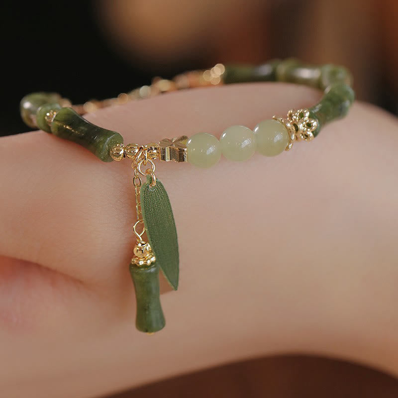 Buddha Stones Jade Bamboo Leaf Lily Of The Valley Pattern Luck Abundance Bracelet - Green Bamboo Leaf(Wrist Circumference 16-20cm) - image 0
